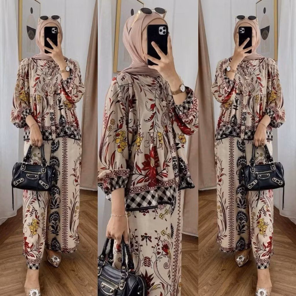 SETELAN CELANA KULOT KERAH SHANGHAI BAJU SUSUN MOTIF ONA SET WANITA TERBARU