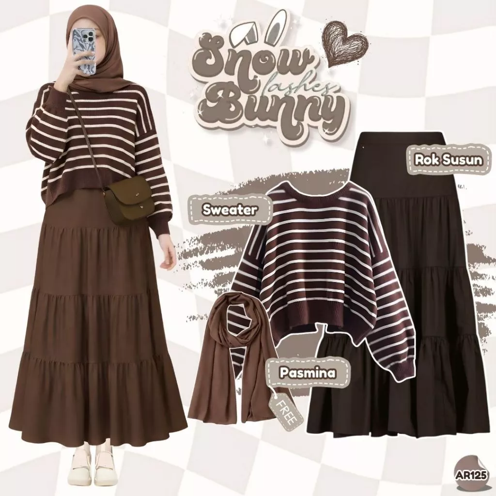 Setelan Daily Wanita Sweater Coffee Rok Susun Pasmina OOTD Casual AR125