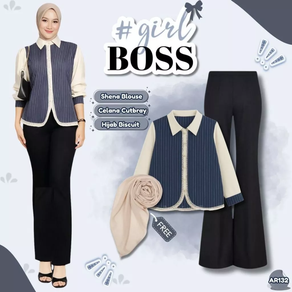 Setelan Kerja Wanita Shena Blouse Celana Cutbray Free Hijab AR132