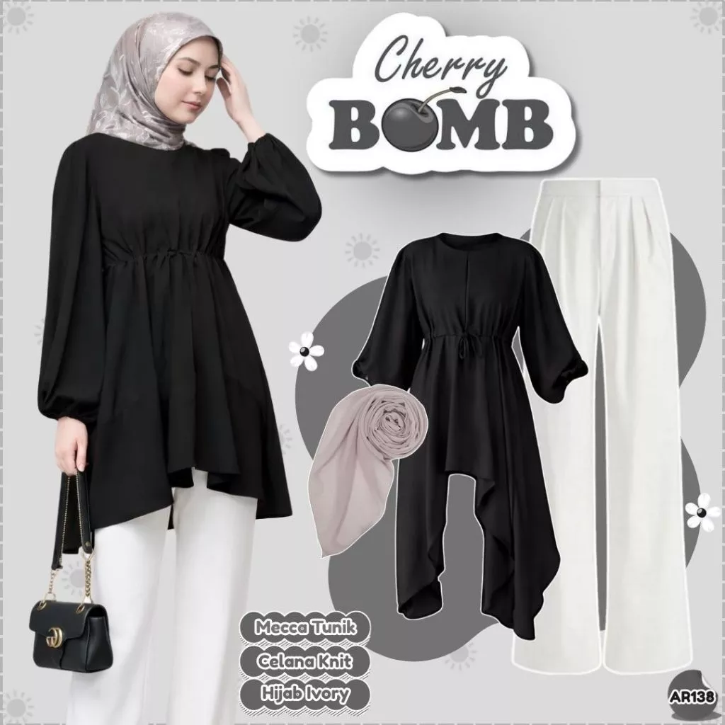 One Set Lebaran 3in1 Mecca Tunik Celana Knit Hijab AR138