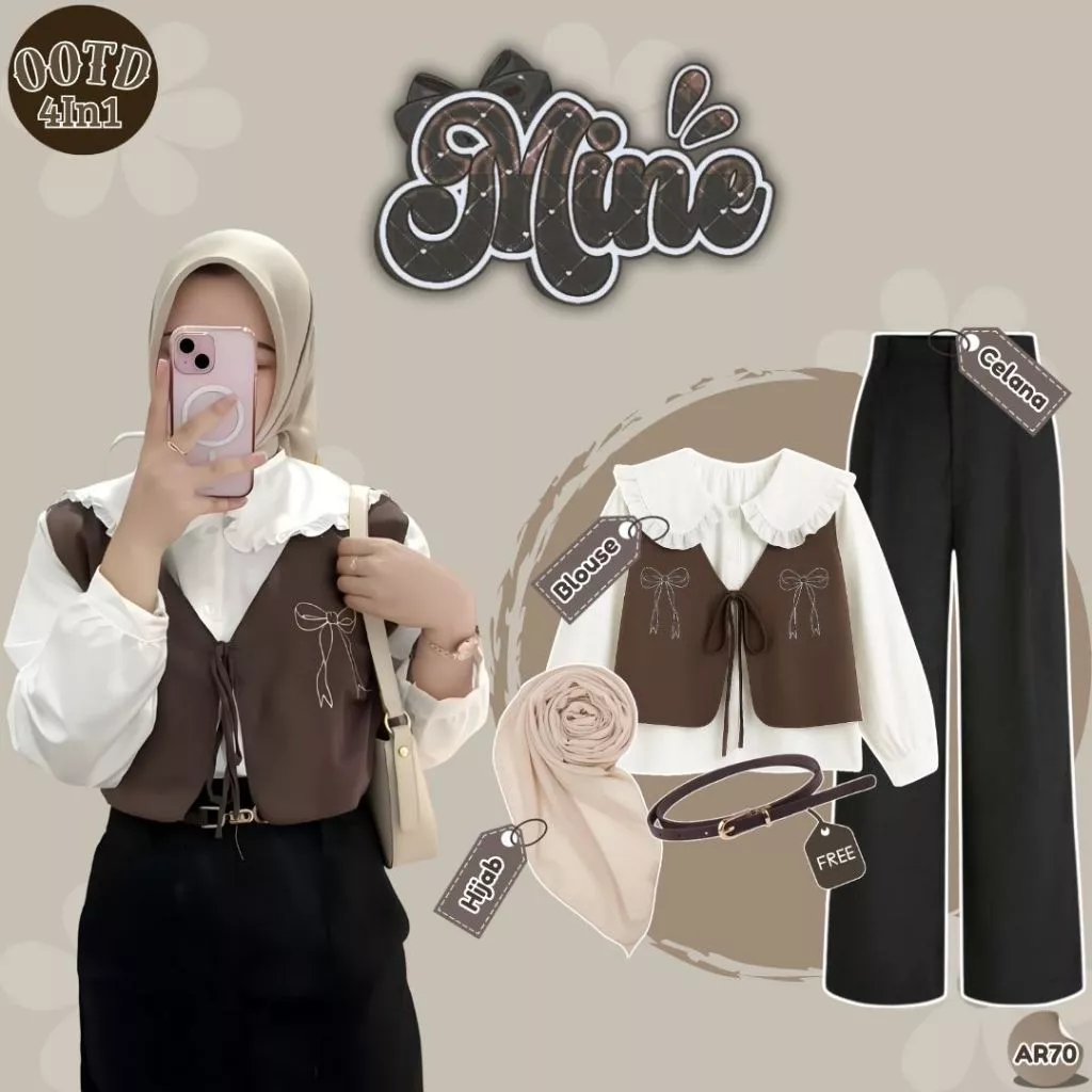 One Set Korea Blouse Celana Knit Hijab Belt Simple Imut AR70