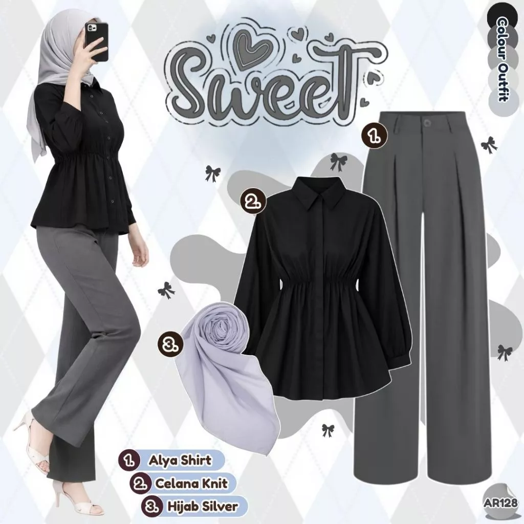 Outfit Korean Remaja Kemeja Celana Knit Hijab OOTD 3in1 AR128