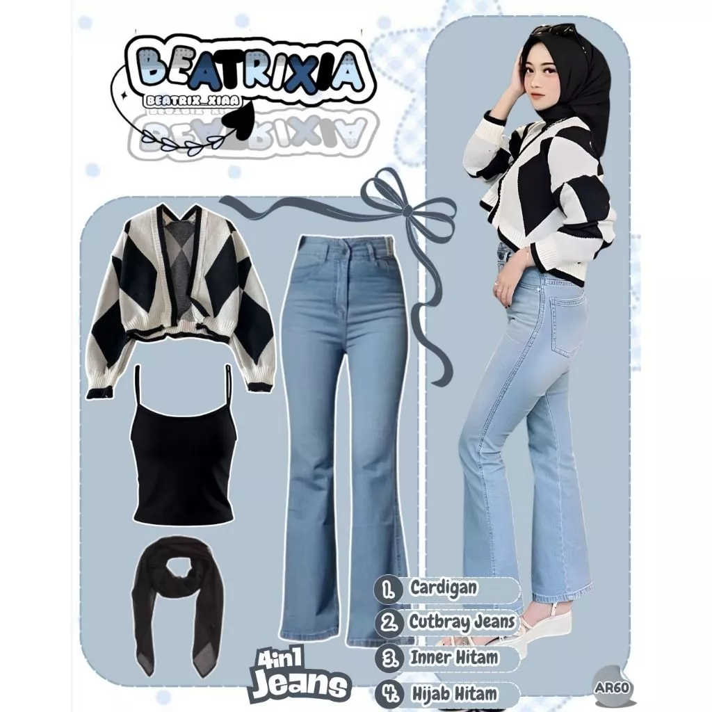 Outfit Kasual Cardigan Cutbray Jeans Inner Hijab Hitam Korean Style AR60