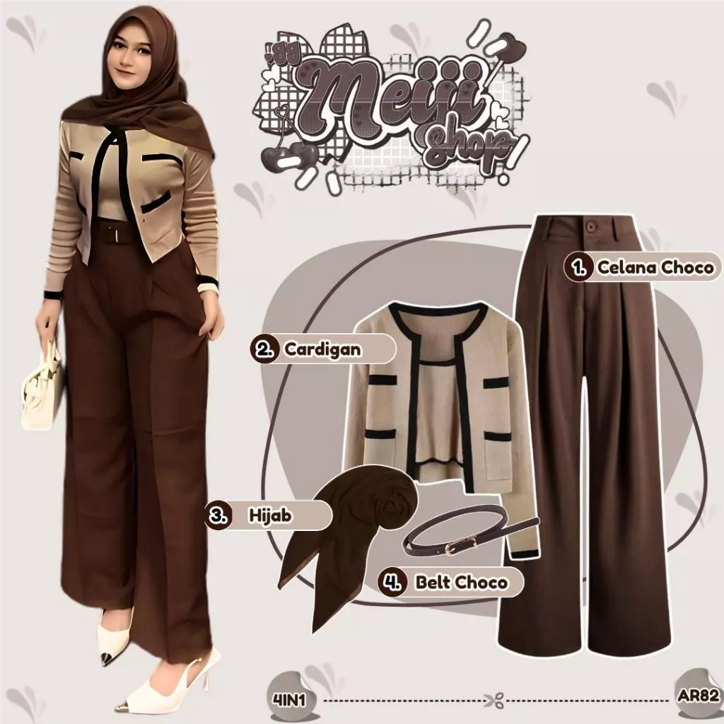 Outfit Hijab Cardigan Toply Celana Knit Hijab Belt Kantoran AR82