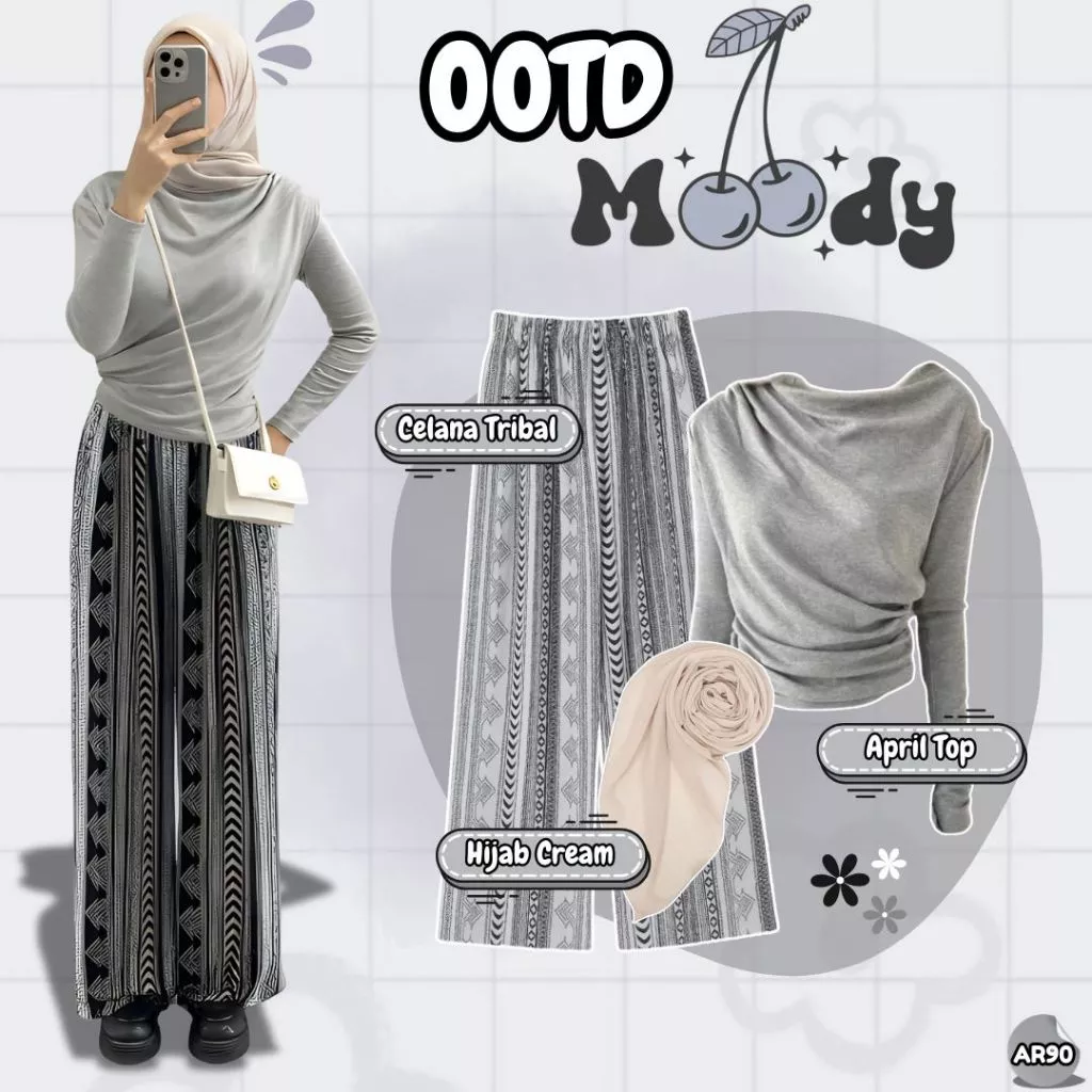 OOTD Moody Look April Top Celana Tribal Hijab Monochrome AR90