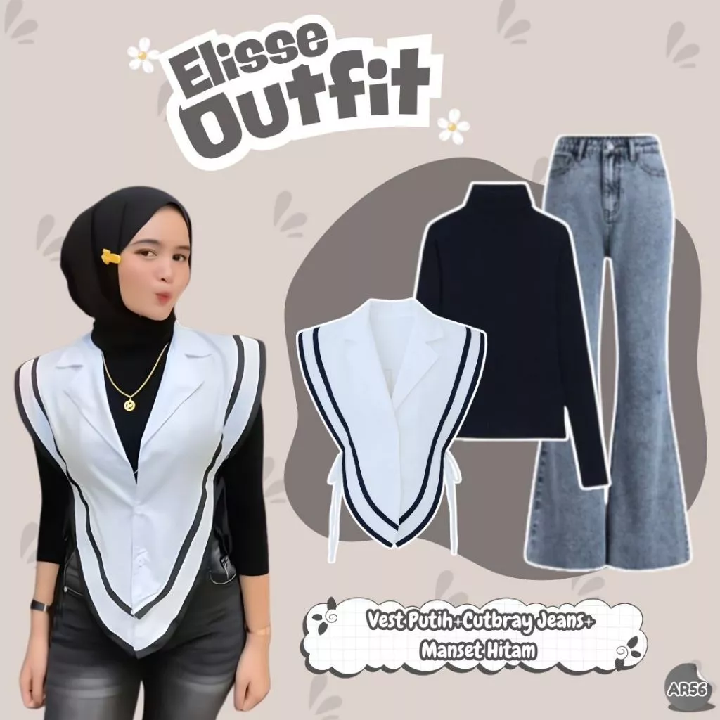 Outfit Hijab Vest Elisse Celana Cutbray Manset Simple Stylish AR56