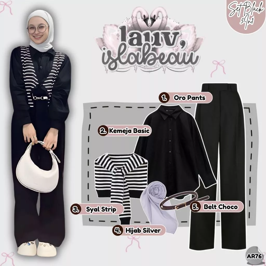 Outfit Hijab Kekinian ( Syal Strip+Kemeja Basic+Oro Pants+Hijab+Belt Choco ) Ootd Jalan Simple -AR76
