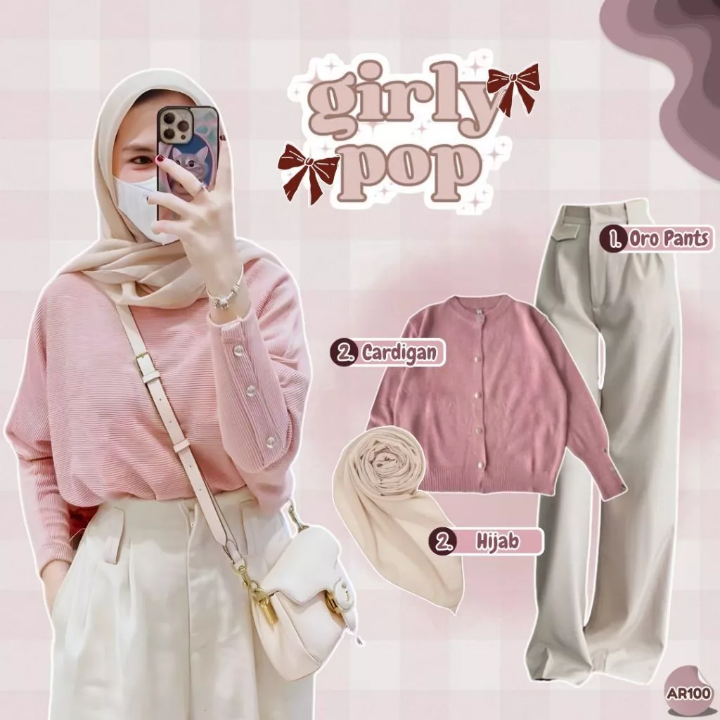 One Set Korea Style Cardigan Oro Pants Hijab AR100