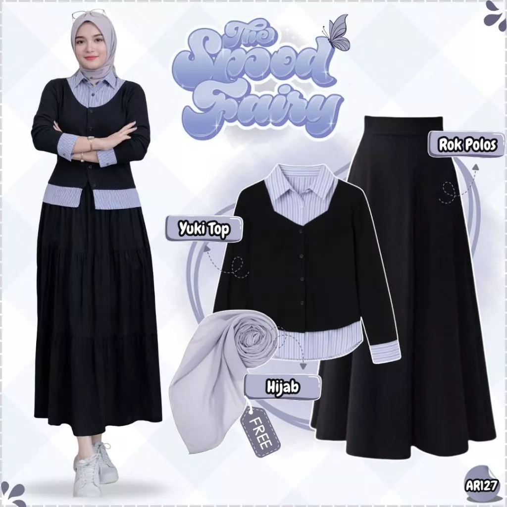 Outfit Set 3in1 Modern Kemeja Yuki Rok Hijab Silver AR127