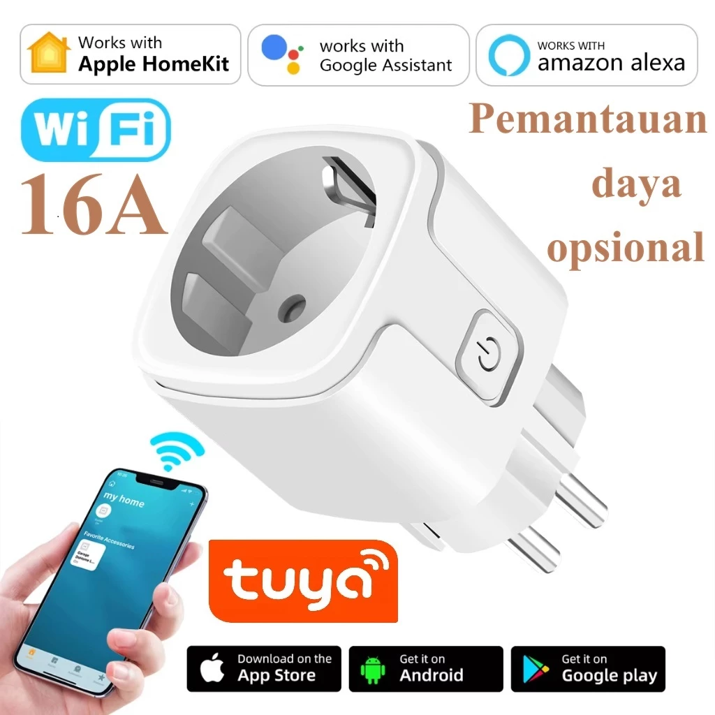 Stopkontak Pintar WiFi EU 16A dengan Pemantauan Daya, Stopkontak Pintar yang Dapat Dikendalikan Melalui Aplikasi, Kompatibel dengan Tuya, Alexa, dan Google Assistant untuk Rumah Pintar
