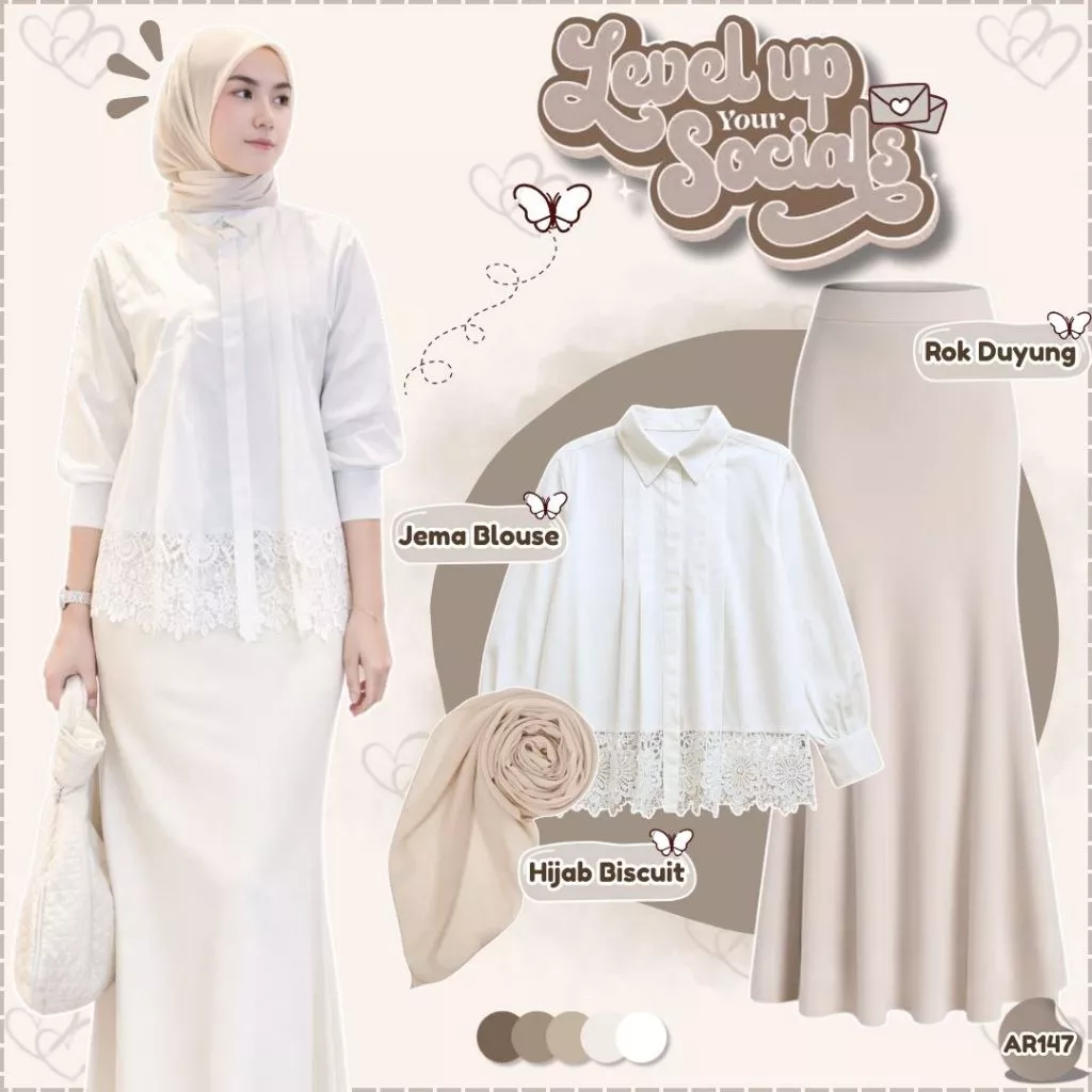 Outfit Wanita Simple 2 Style (Jema Blouse+Rok Duyung+Hijab Biscuit) Set 3In1 Renda Aesthetic - AR147