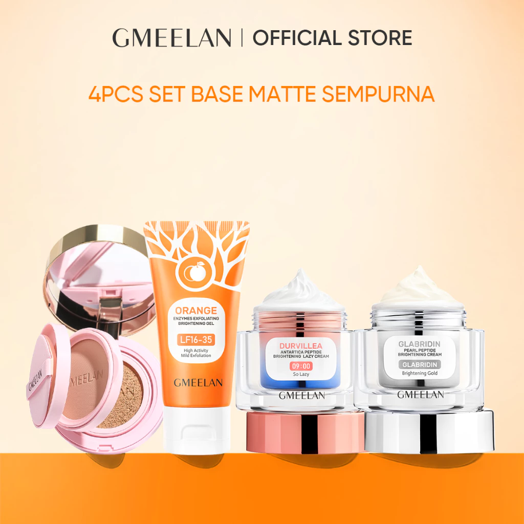 GMEELAN SET 2in1 High Coverage Cushion Powder Foundation + Brightening Cream Day Cream Night Cream Moisturizer Lazy Cream Skincare + Orange Exfoliating Gel Blackhead Remova Peeling Face Wajah Eksfoliasi