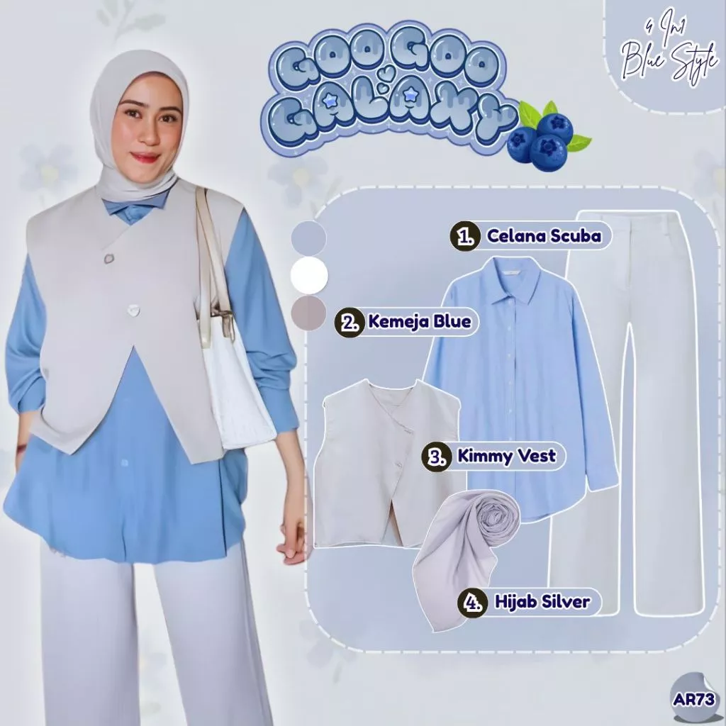 Outfit Hijab Korean Look Kimmy Vest Kemeja Celana Scuba AR73