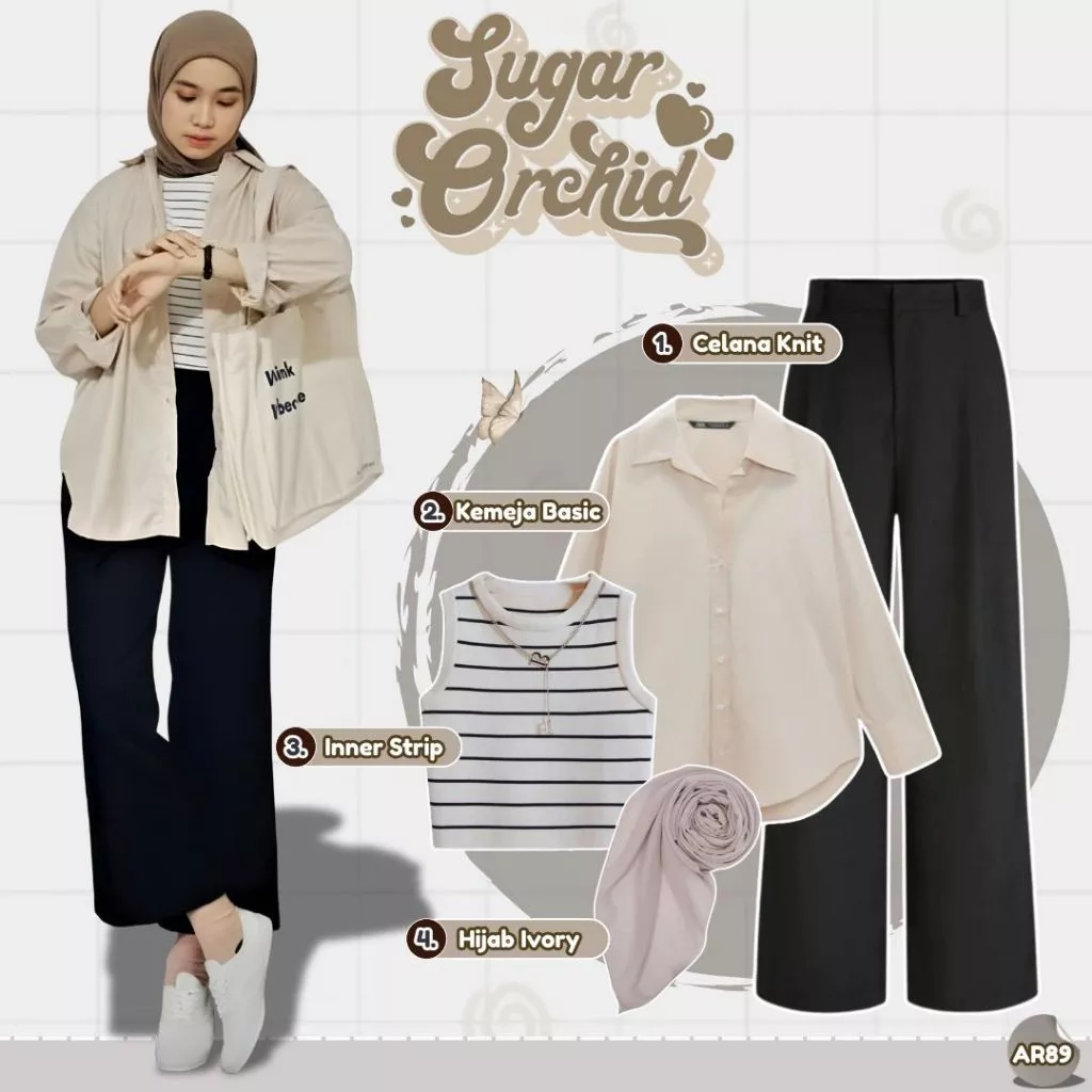 OOTD Wanita Casual Kemeja Basic Celana Knit Inner Hijab AR89
