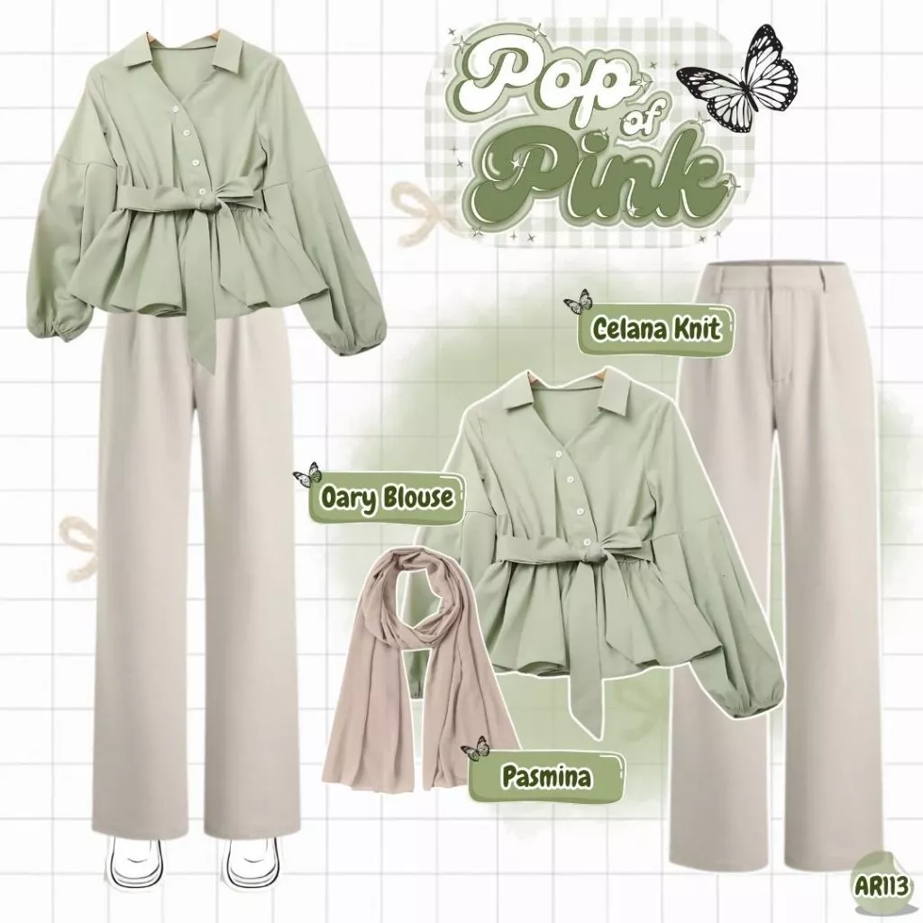Outfit Wanita Hijab Blouse Celana Knit Hijab Simple Elegan AR113