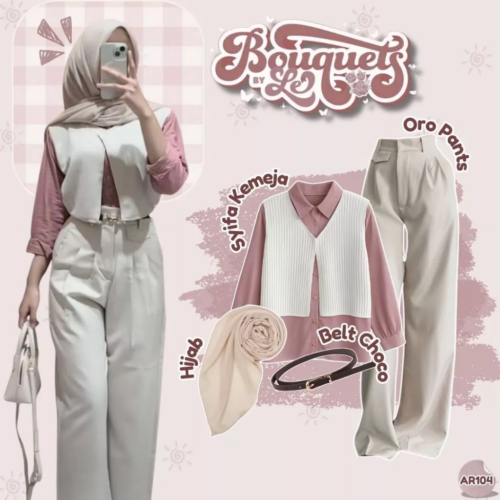 OOTD Remaja Korea Kemeja Vest Oro Pants Belt Hijab Semi Formal AR104