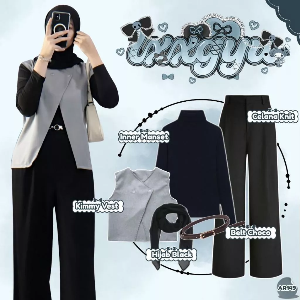 One Set 5in1 Korea Style Vest Manset Celana Knit Hijab Abu AR149