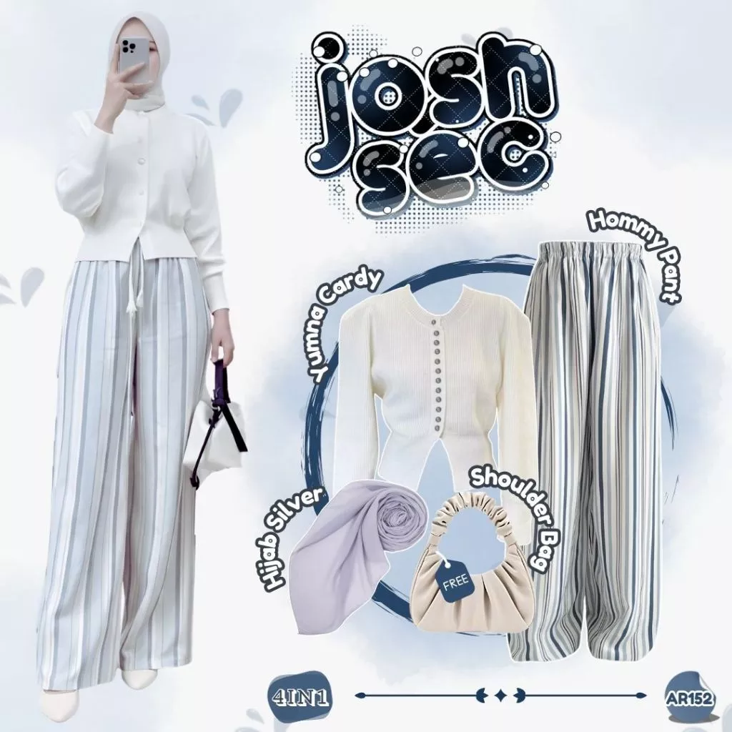 One Set 4In1 Casual Stripe ( Yumna Cardy+Hommy Pants+Hijab+Shoulder Bag ) Ootd Wanita Santai - AR152