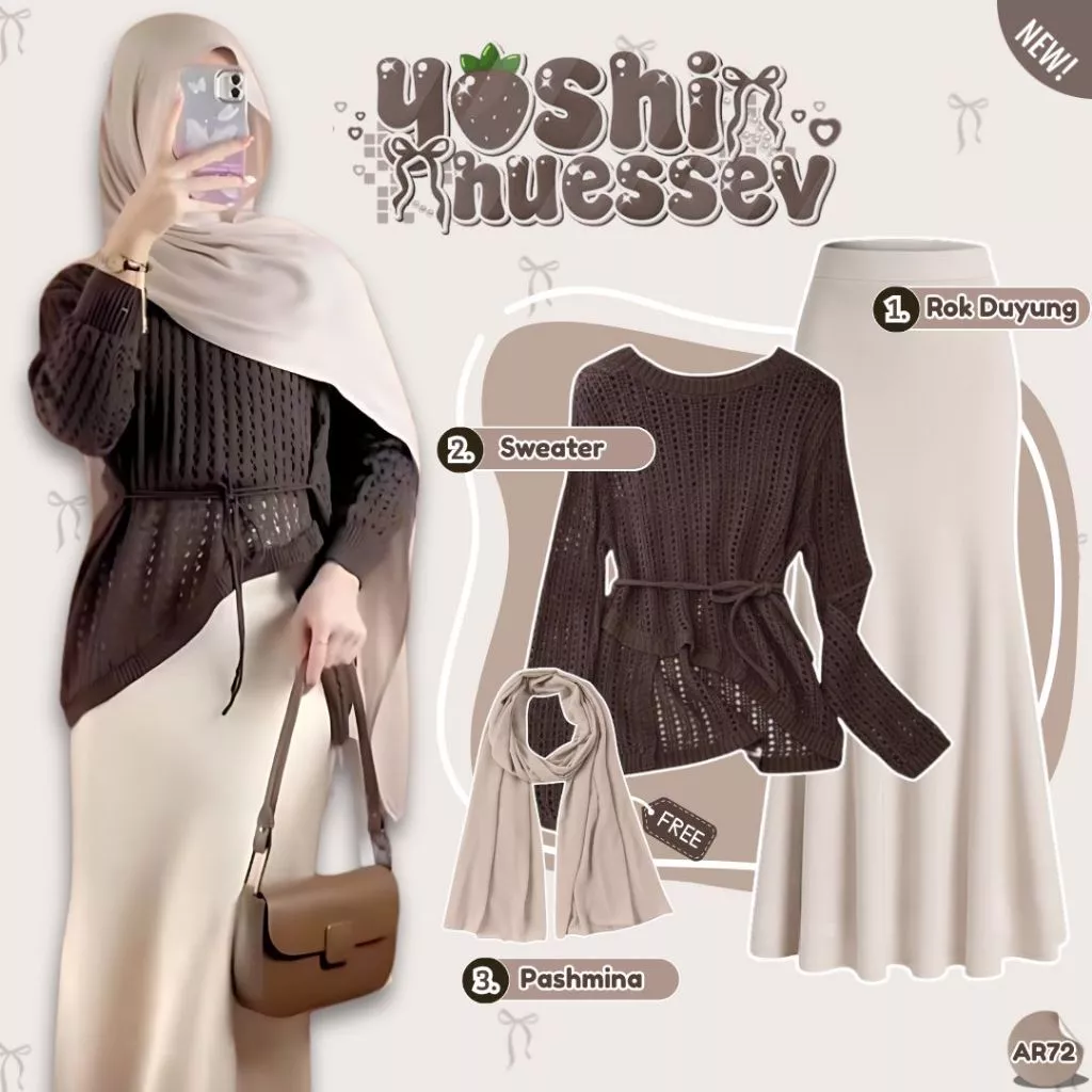 Setelan Remaja Kekinian ( Sweater Jaring+Loos Pant+Pashmina ) Outfit Hijab Casual Look Modern - AR72