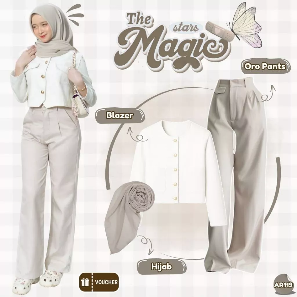 One Set Wanita Gemma Blazer Oro Pants Hijab Ivory Elegan AR119