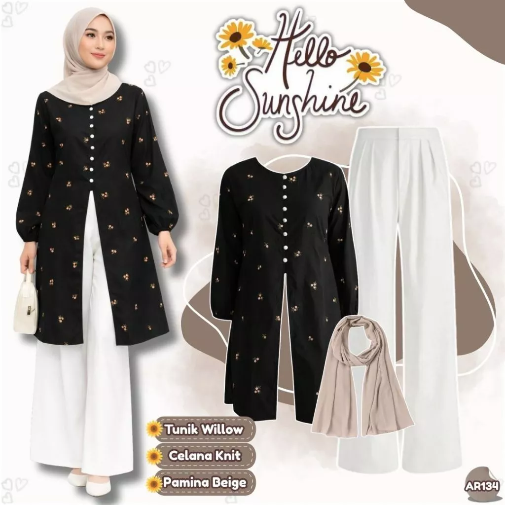 One Set Wanita Modern Tunik Willow Celana Knit Pasmina Beige AR134