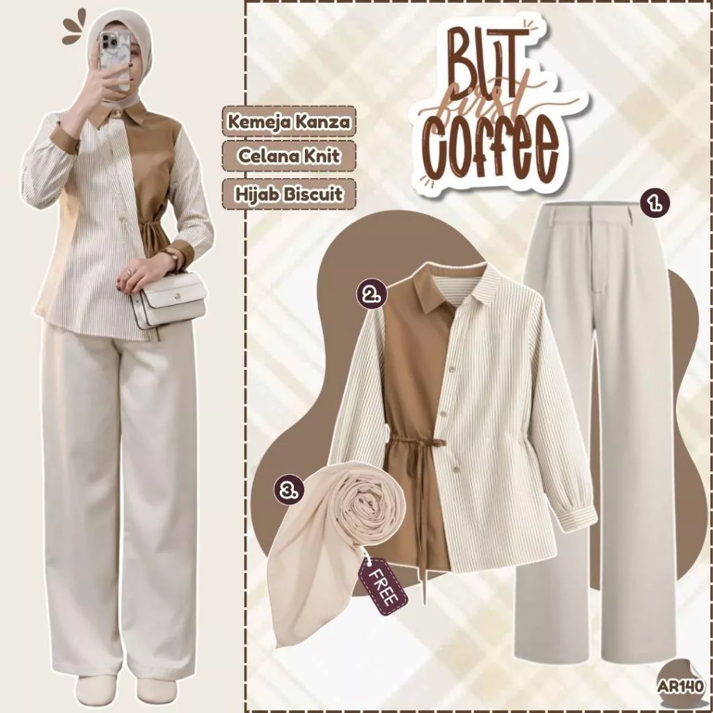 Setelan Wanita Blouse Kanza Celana Knit Hijab Biscuit Simple AR140