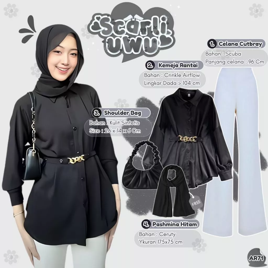 OOTD Hijab Simple Kemeja Rantai Celana Cutbray Shoulder Bag AR71