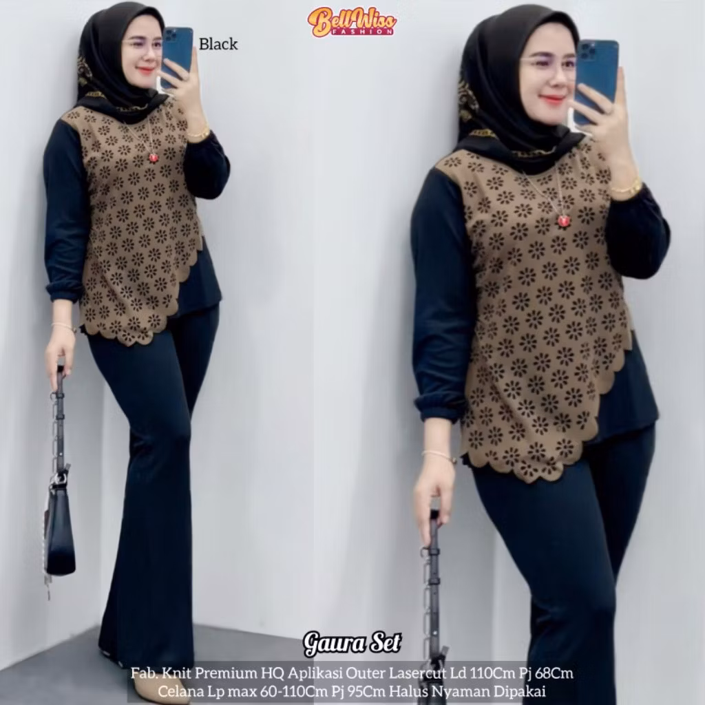Terbaru Setelan Wanita Baju Dan Celana Gaura Set Knit Premium HQ Aplikasi Outer Lasercut Halus nyama