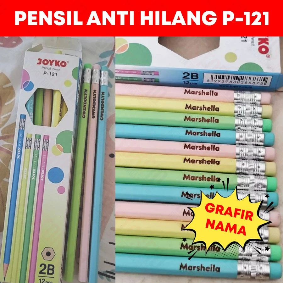 [GRAFIR NAMA] PENSIL PENGHAPUS CUSTOM NAMA JOYKO P-121 2B WARNA PASTEL