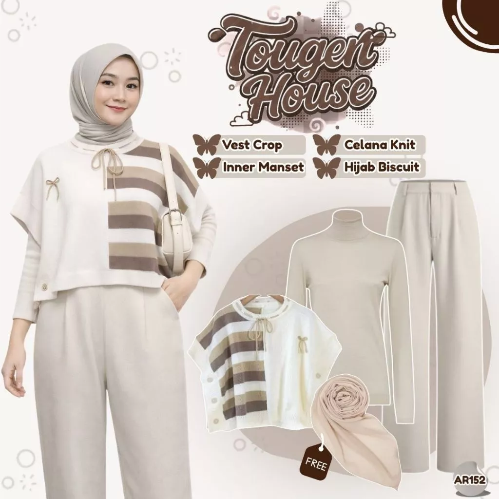 One Set Korean Style 4In1 (Faridha Vest+Celana Knit+Inner+Free Hijab) Outfit Daily Look Cute - AR153