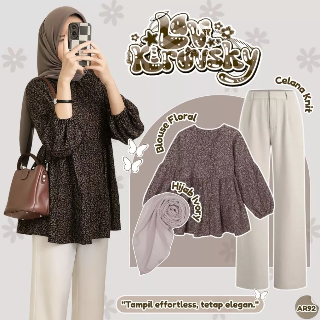 Setelan Hijab Kekinian Blouse Floral Celana Knit Hijab Ivory OOTD 3in1 AR92