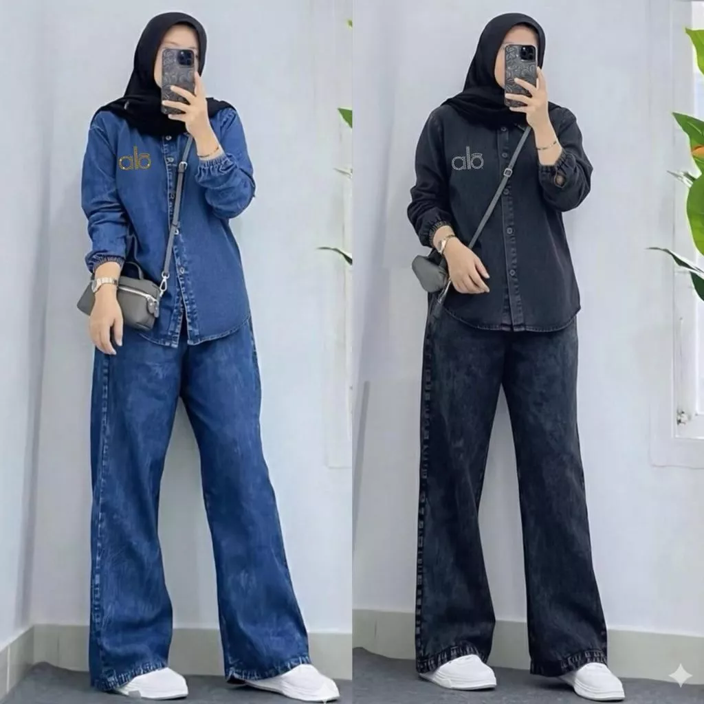 Setelan Jeans Bordil Wanita, Atasan Kemeja Jeans Full Kancing, Celana Kulot Saku, Oneset Wanita Terbaru