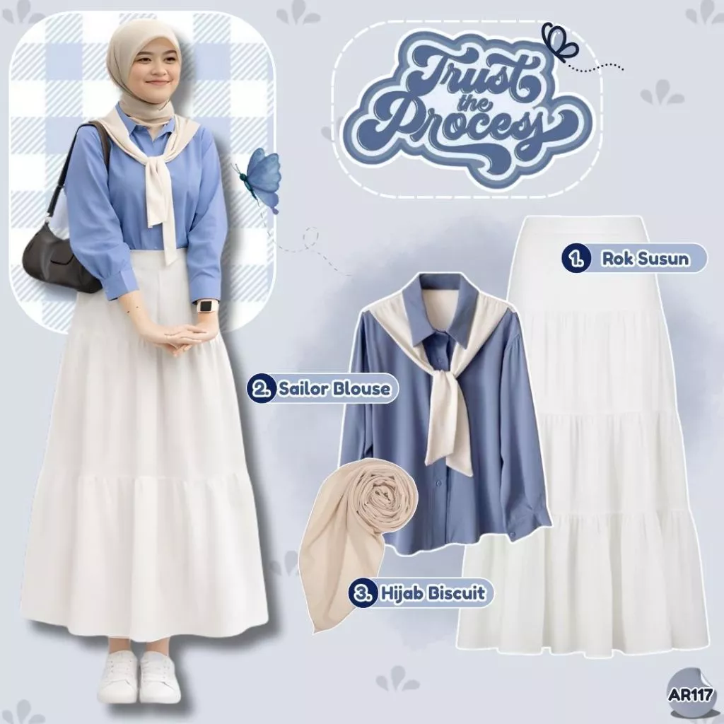 OOTD Remaja Hijab Sailor Blouse Rok Susun Korean Style AR117