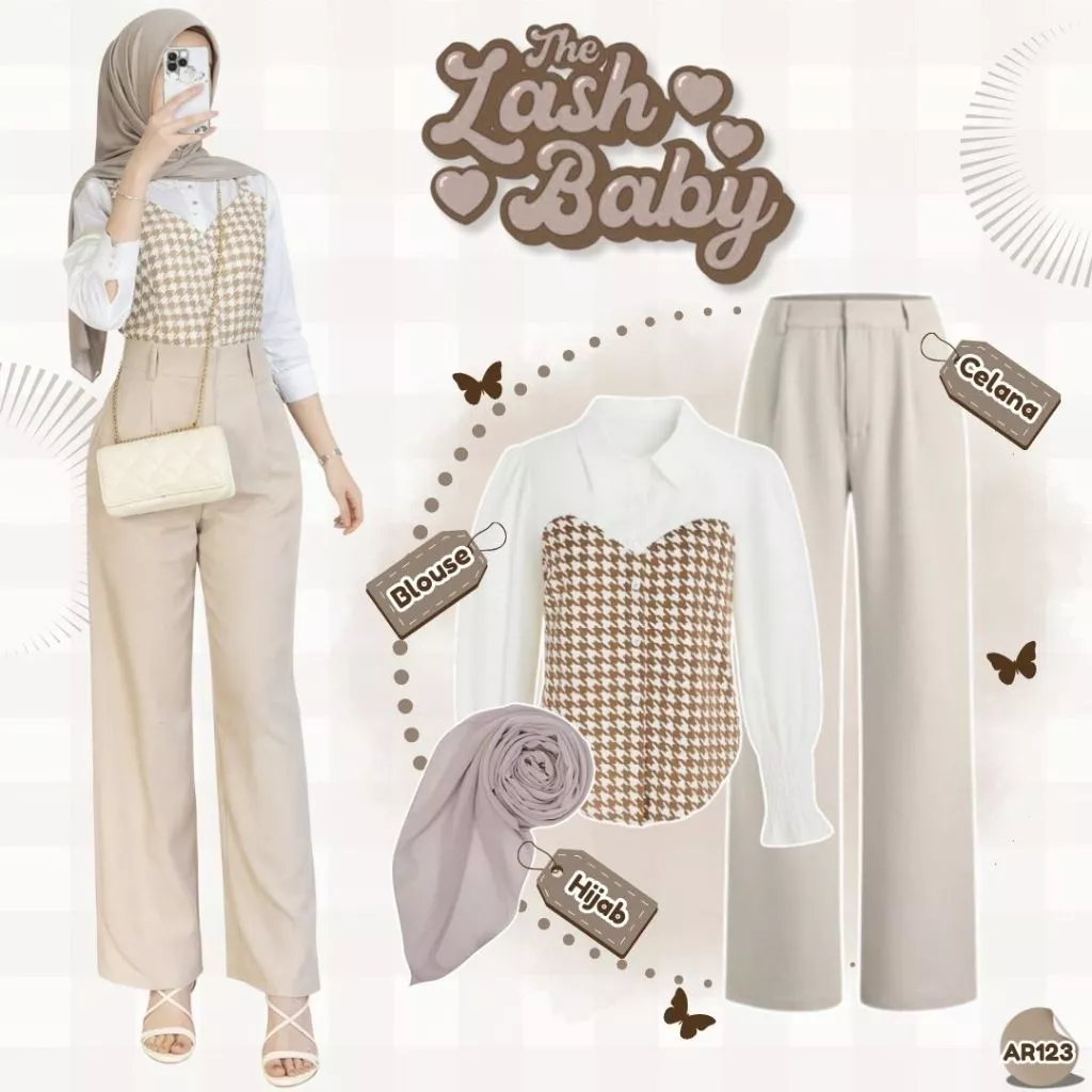 Outfit Hijab Korea Style Rona Blouse Celana Knit Hijab OOTD Wanita AR123