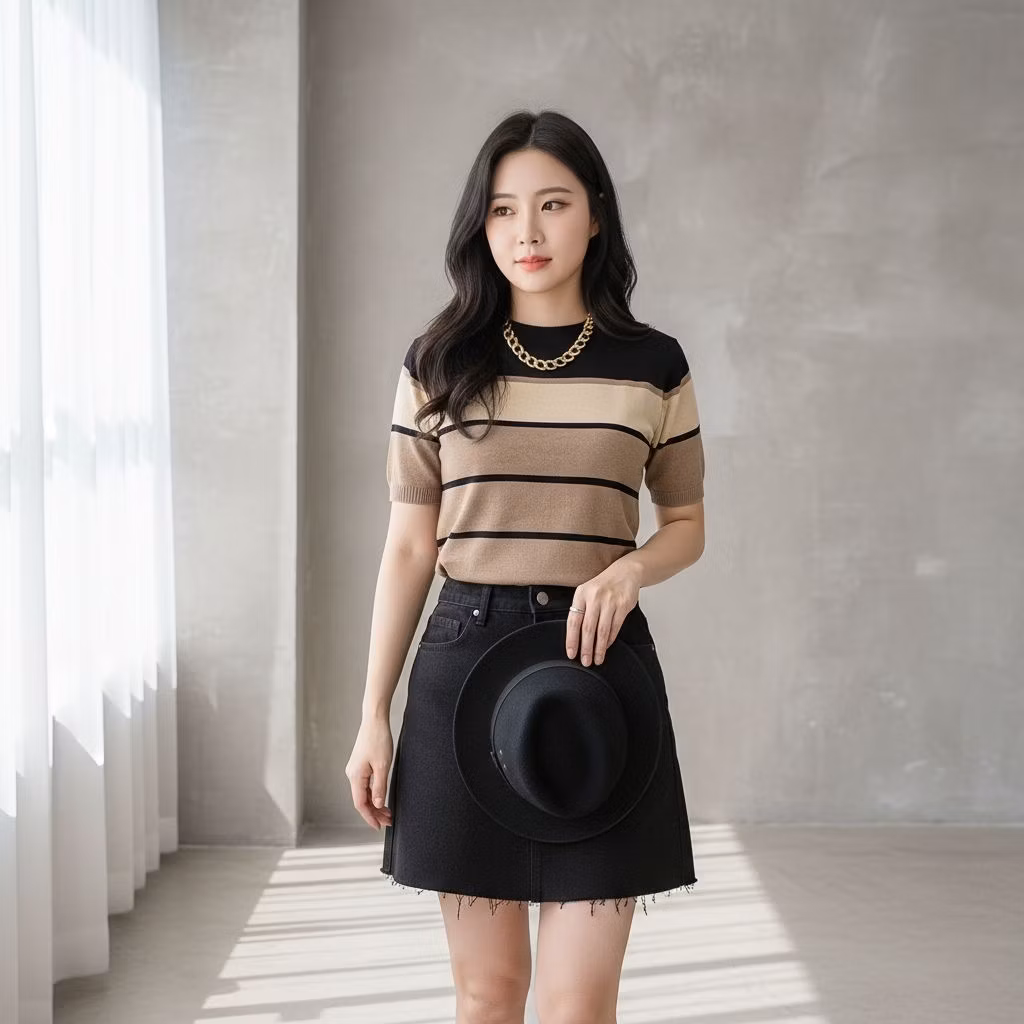 Sharon Stripe Short Sleeve Knit Top | Atasan Kaos Blouse Rajut Wanita Motif Salur Korean Style Tiga