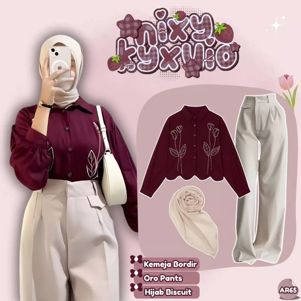 Outfit Hijab Korean Style Kemeja Bordir Oro Pants Hijab AR65