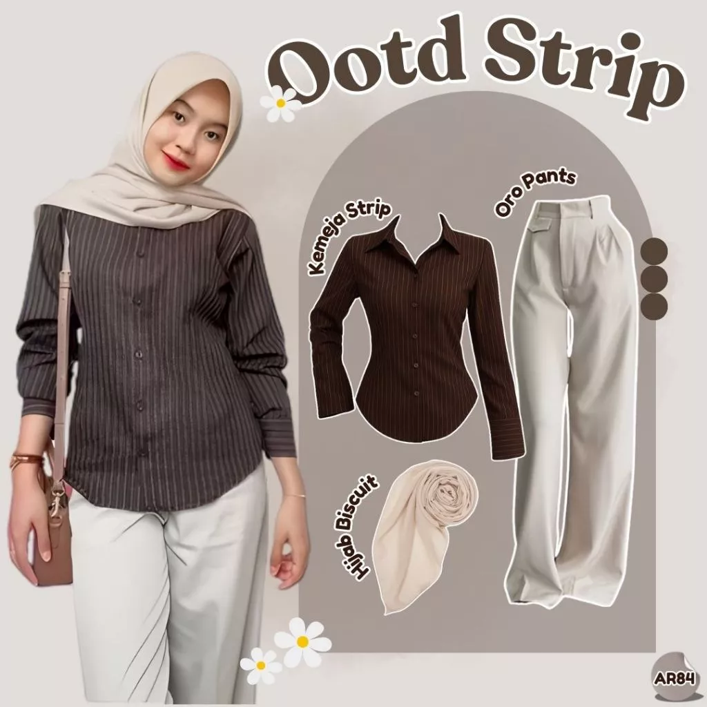 Ootd Hijab Kekinian Kemeja Strip Oro Pants Hijab AR84