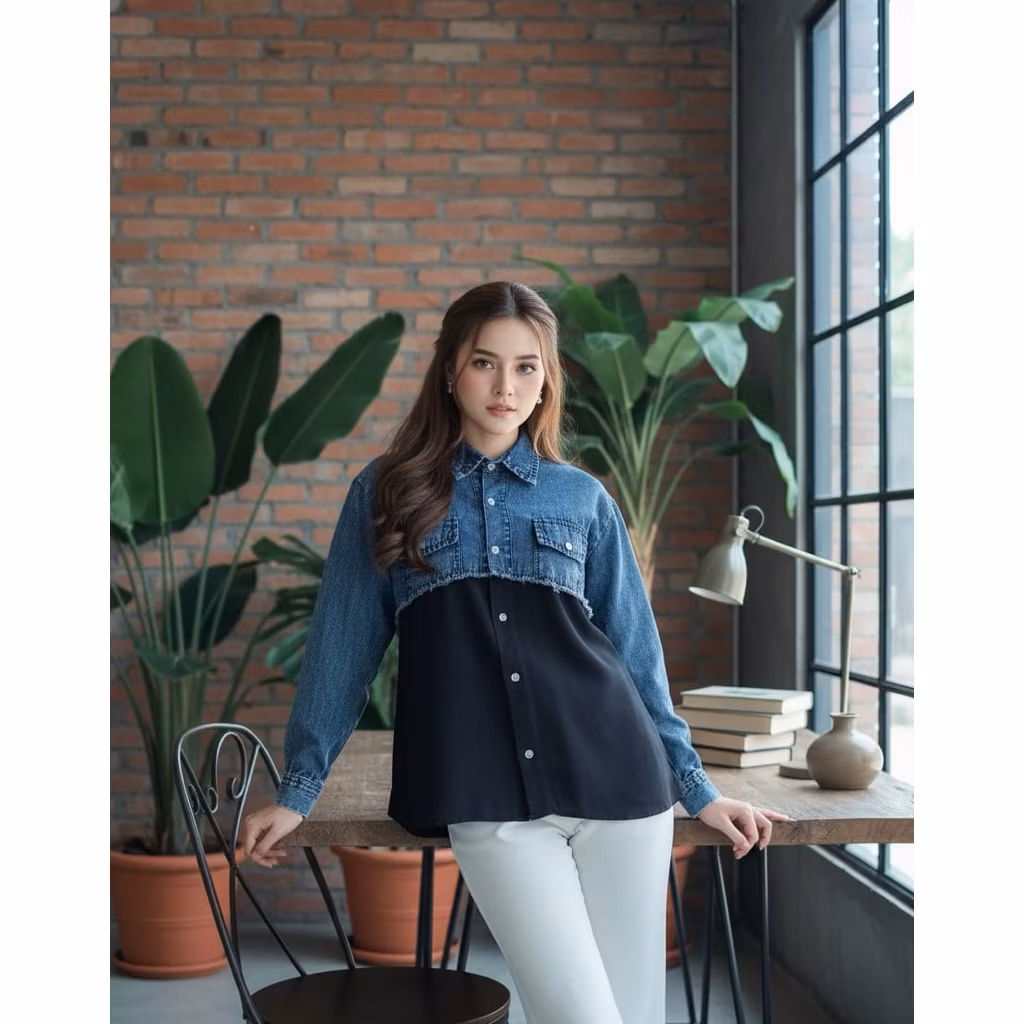 Kemeja Jeans Mix Rayon Leviya Pinggang Rawis Premium Full Kancing Baju Kerja Atasan Formal Kemeja Ce