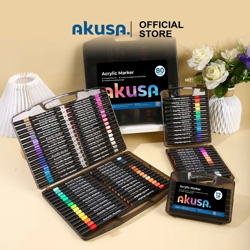 AKUSA Marker Acrylic Brush 24/36/48/60/80 Warna Spidol Akrilik DIY Sketch Painting Tinta Waterproof Ujung Lentur Brush Tip MW022