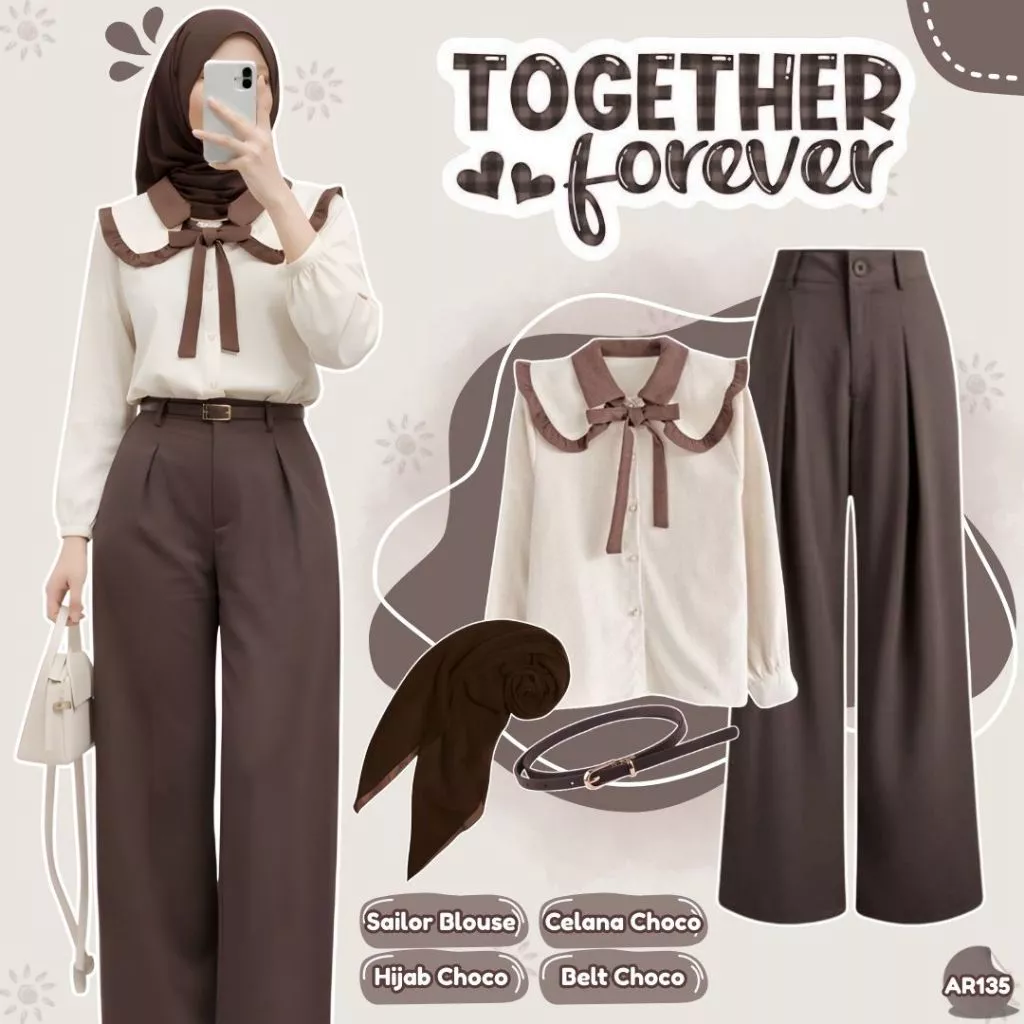 OOTD Korean Style Sailor Blouse Celana Knit Hijab Belt AR135