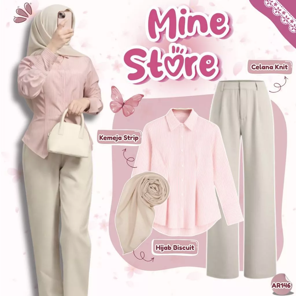 Set Outfit Kerja Wanita Kemeja Strip Celana Knit Hijab AR146