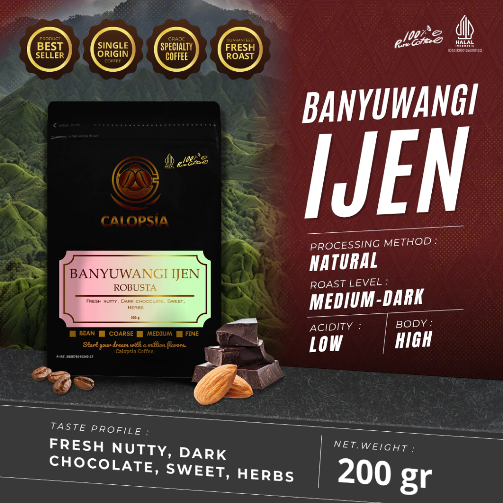 CALOPSIA Kopi Banyuwangi Ijen Robusta Single Origin 200 Gram (Specialty Grade 1) | Kopi Robusta