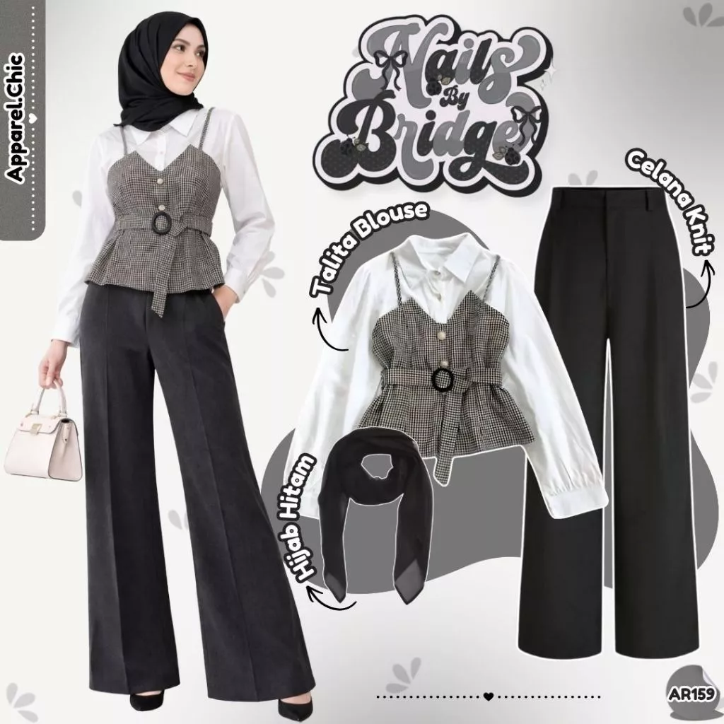 Oneset Hijab Korean Style Talita Blouse Celana Knit Hitam AR159