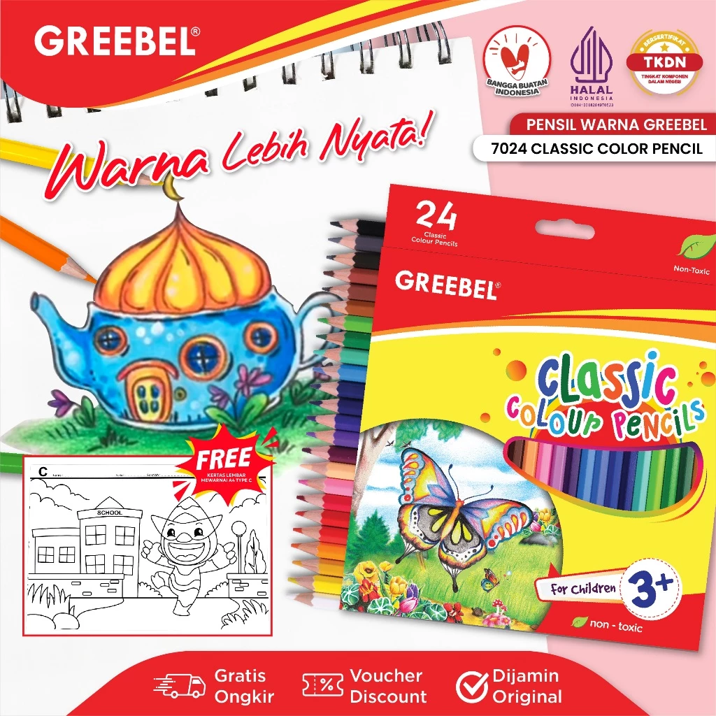 GREEBEL Pensil Warna 24 Warna Classic Color Pencils 7024 Warna Cerah Non Toxic