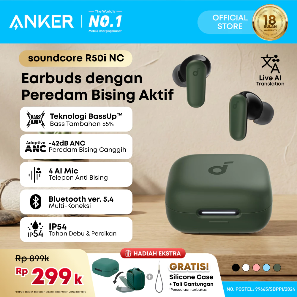 (NEW LAUNCH) Soundcore by Anker R50i NC Earbuds Adaptive Noise Canceling Headset Wireless Earphone Bluetooth 5.4 TWS Low Latency for Game Long Battery 4 Mics IP54 - A3959