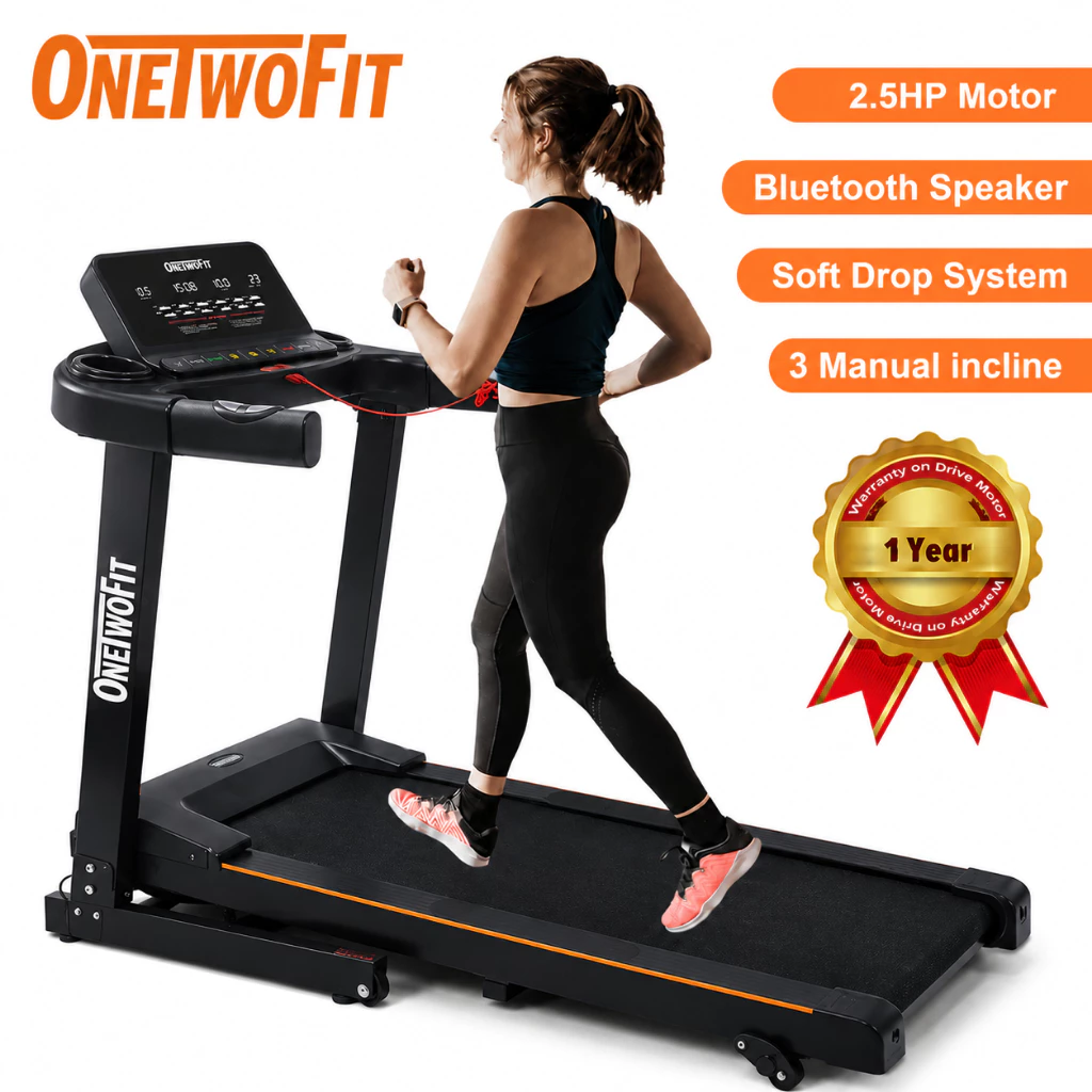 OneTwoFit Alat Fitness Smart Treadmill Elektrik Lipat dengan Motor 2.5HP dan Bluetooth Speaker Garansi 1 Tahun Kapasitas 110kg Portable Soft Drop System 3 Manual Incline