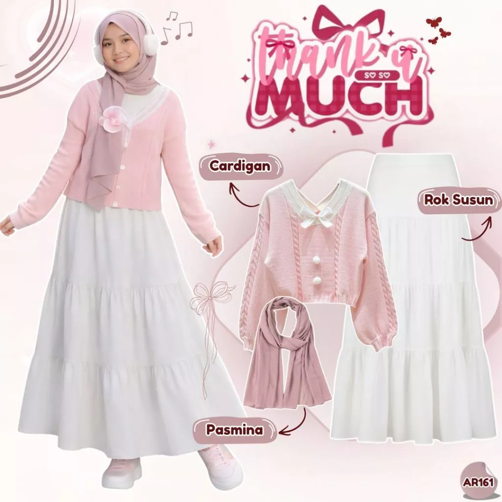 Ootd Remaja Korean Style ( Cardigan Kawai+Rok Susun+Pasmina ) Outfit Kekinian Wanita Feminim - AR161