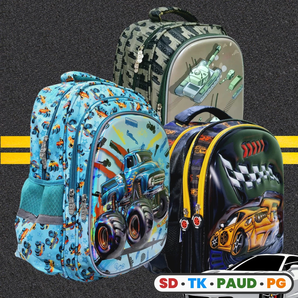 Arutea - Tas Ransel Anak Laki-Laki Motif Timbul Mobil | Sekolah PG/PAUD/TK/SD