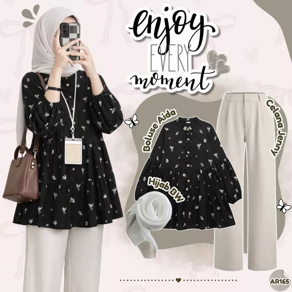 One Set Korean Style ( Tulip Blouse+Celana Knit+Hijab BW ) Outfit Kerja 3In1 Wanita Kekinian - AR165