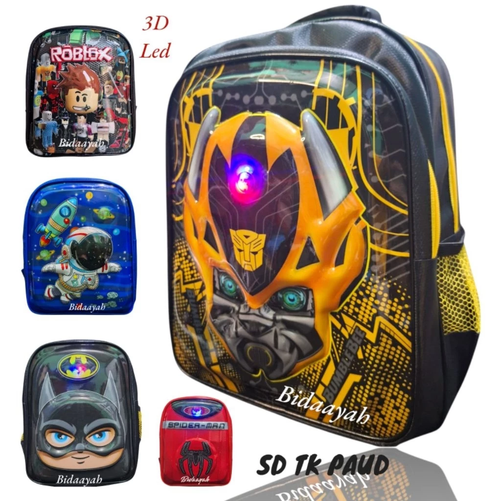 Tas Anak Sekolah Laki Laki PAUD TK Dan SD Model Ransel 3D Led Embos Timbul Bumblebee ( DUA RUANG ) Beragam Karakter Roblox
